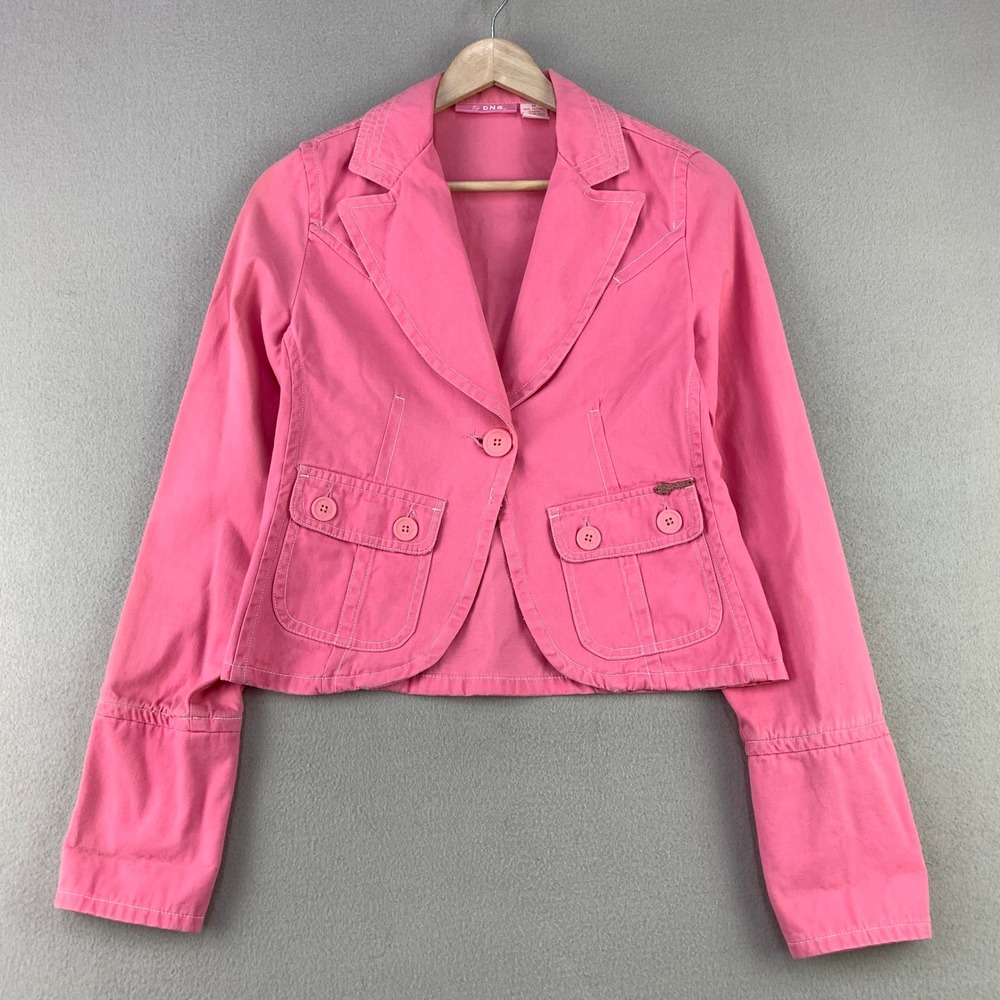 DNA Pink Denim Jacket Women Size M Pink Y2K Cropped Contrast Stitch Blazer